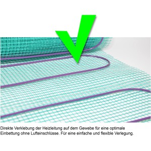 Perobe elektrische Fußbodenheizung, 7,5 m², mit grünen Haken für korrekte Installation.