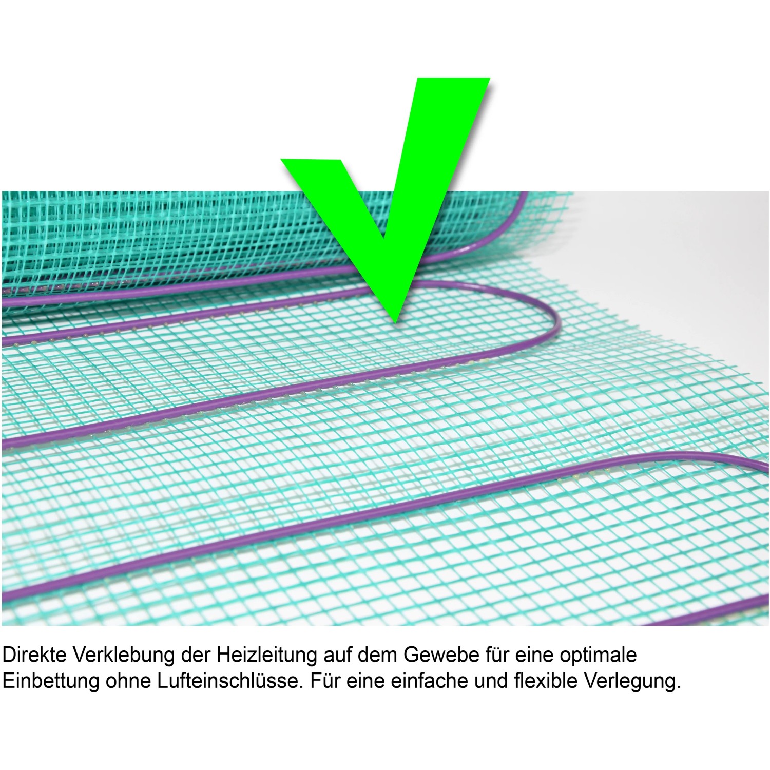 Perobe elektrische Fußbodenheizung, 7,5 m², mit grünen Haken für korrekte Installation.