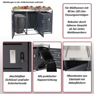 Anthrazitfarbene Mülltonnenbox MCW H40b für drei Tonnen mit Pflanzkasten