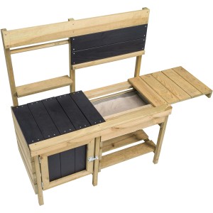SwingKing Spielküche aus FSC®-Holz mit Sandkasten und Stauraum für Outdoor-Spaß.