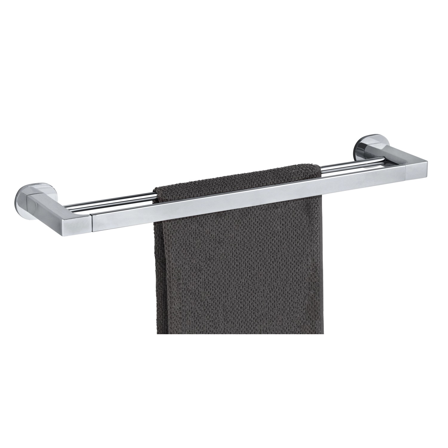 Wenko Badetuchstange Duo Maribor, 60 cm, silber glänzend mit Handtuch.