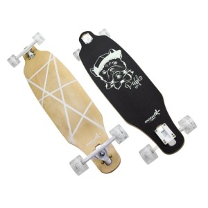 Schwarzes Muuwmi Lights Longboard Glow Pablo mit French Bulldog Design, LED-Rollen und Glow-Effekt.