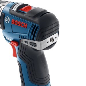 Detailaufnahme: Blauer Bosch Professional Akku-Bohrschrauber GSR 12V-35 FC mit Metall-Gürtelclip.