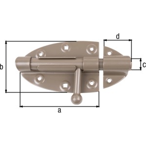 Duravis Bolzen-Schlossriegel in Perlbeige mit Maßangaben für Winkel & Holzverbinder.