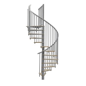 Graue Minka Spindeltreppe Switch, Ø 140 cm, mit Eichenholzstufen. Innentreppe mit Stahlgeländer.