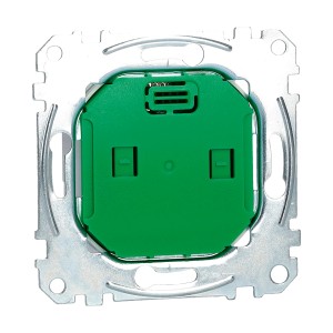Merten Connected Raumtemperaturregler-Einsatz MEG5777-0000, grüne Rückseite mit silberfarbenem Rahmen.