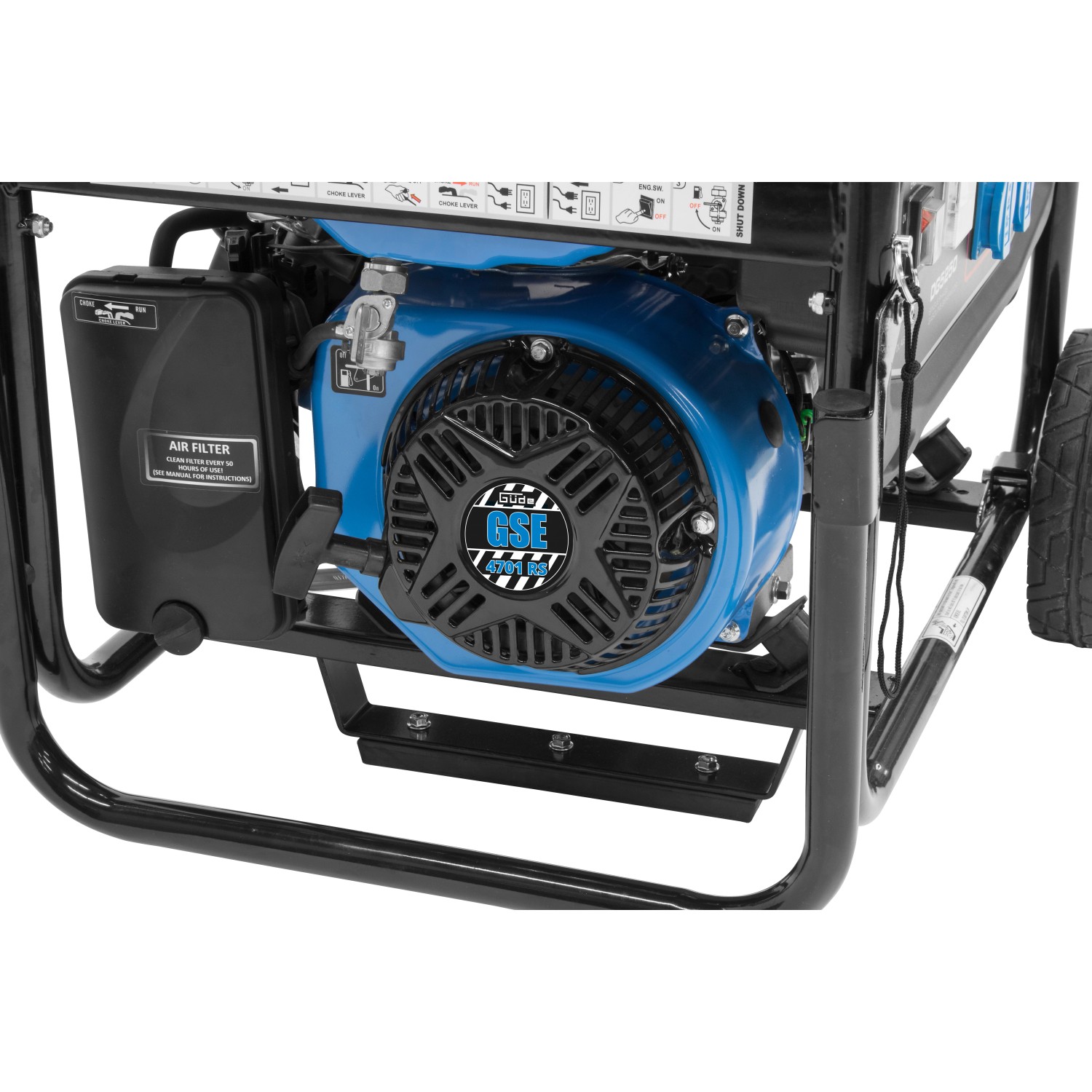 Detailaufnahme: Güde Stromerzeuger GSE 4701 RS Benzin mit blauem Motor und schwarzem Rahmen.