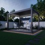 Anthrazitfarbener Aluminium-Pavillon 3x4m mit elektrischem Lamellendach und leuchtender LED-Beleuchtung auf Terrasse.