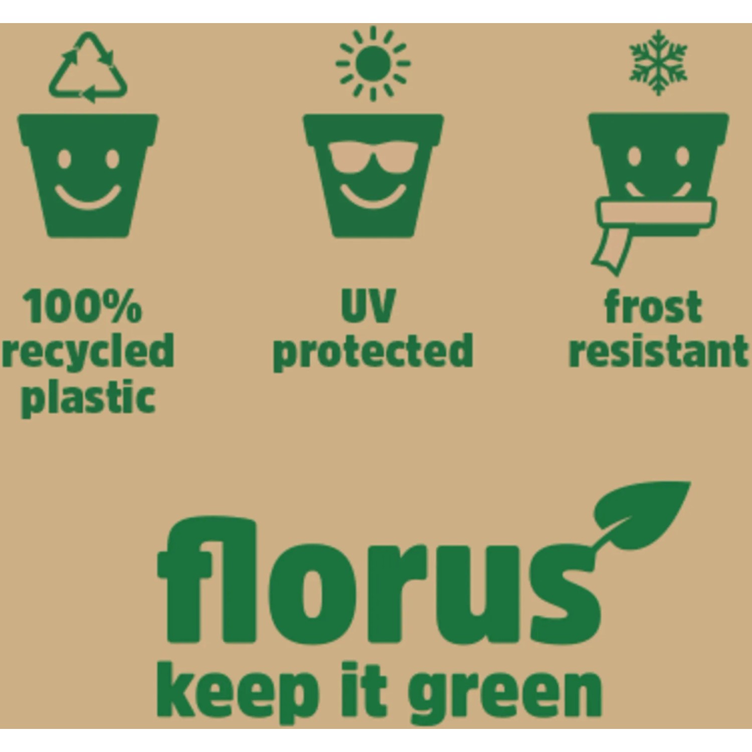 Symbole für recycelten Kunststoff, UV-Schutz und Frostbeständigkeit der Elho Blumenbrücke.