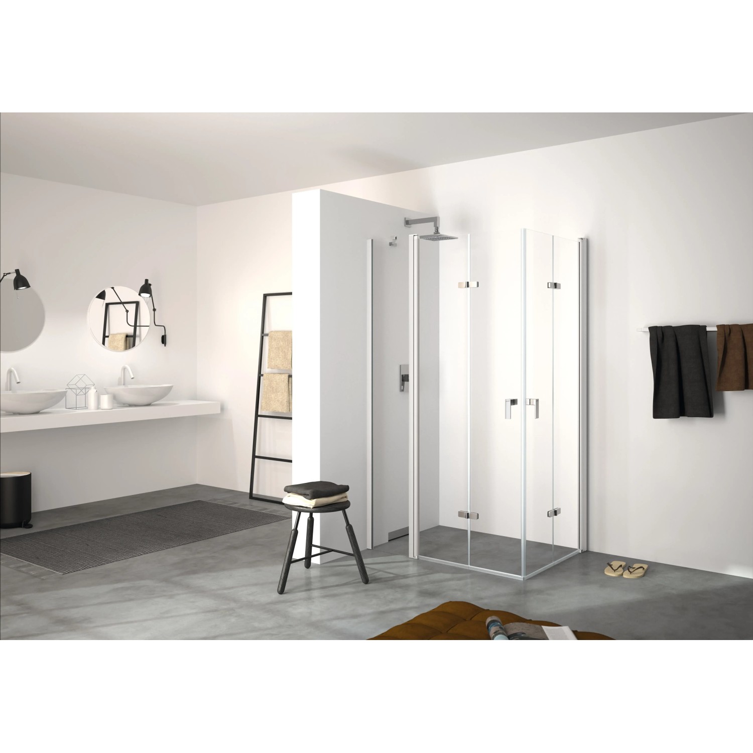 Hüppe Schwingfalttür Design Pure, 140x190 cm, Silber Matt, mit Festsegment in Badezimmer.