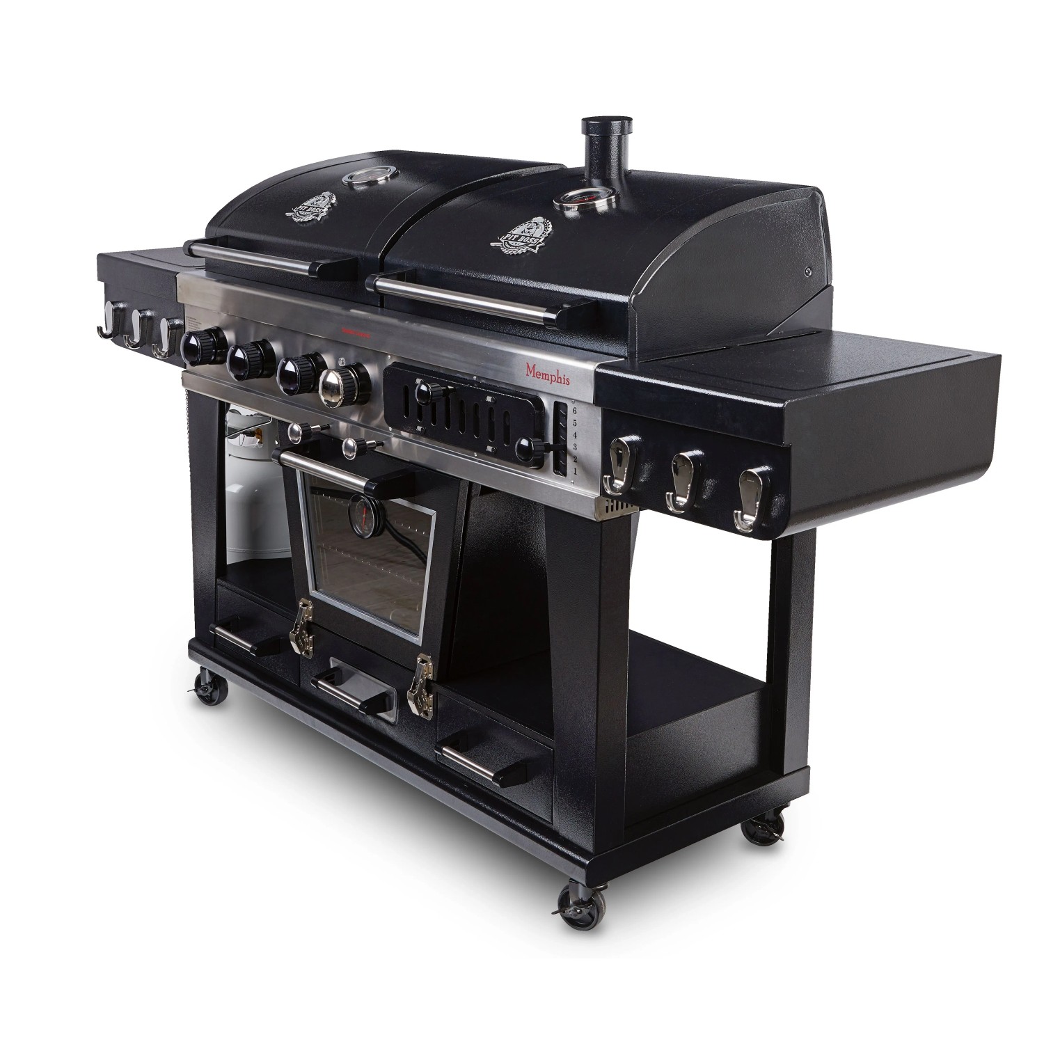 Pit Boss Memphis Ultimate Kombi-Grill: Gas-, Holzkohle- und Smoker-Funktion in Schwarz.