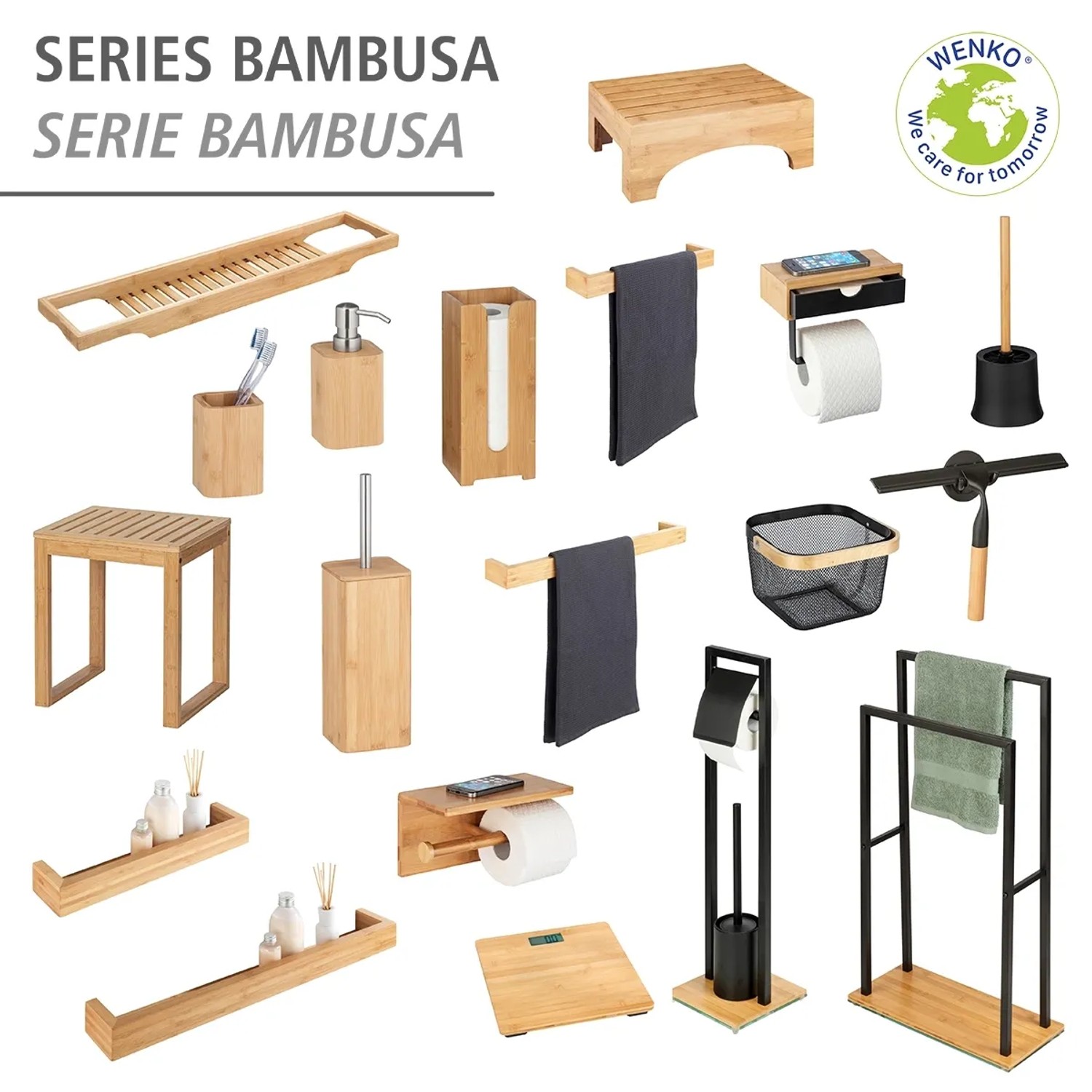 WENKO Bad-Serie Bambusa: Badaccessoires aus Bambus wie Regal, Hocker, WC-Garnitur und Handtuchhalter.