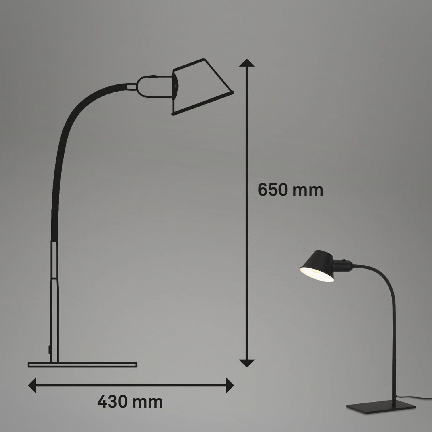 Skizze und Foto: Schwarze Brilo Schreibtischleuchte Brello, schwenkbar, mit Maßen.