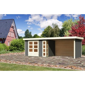 Karibu Holz-Gartenhaus Sölve, terragrau, mit Flachdach und Anbau. Gartenhaus mit Doppeltür.