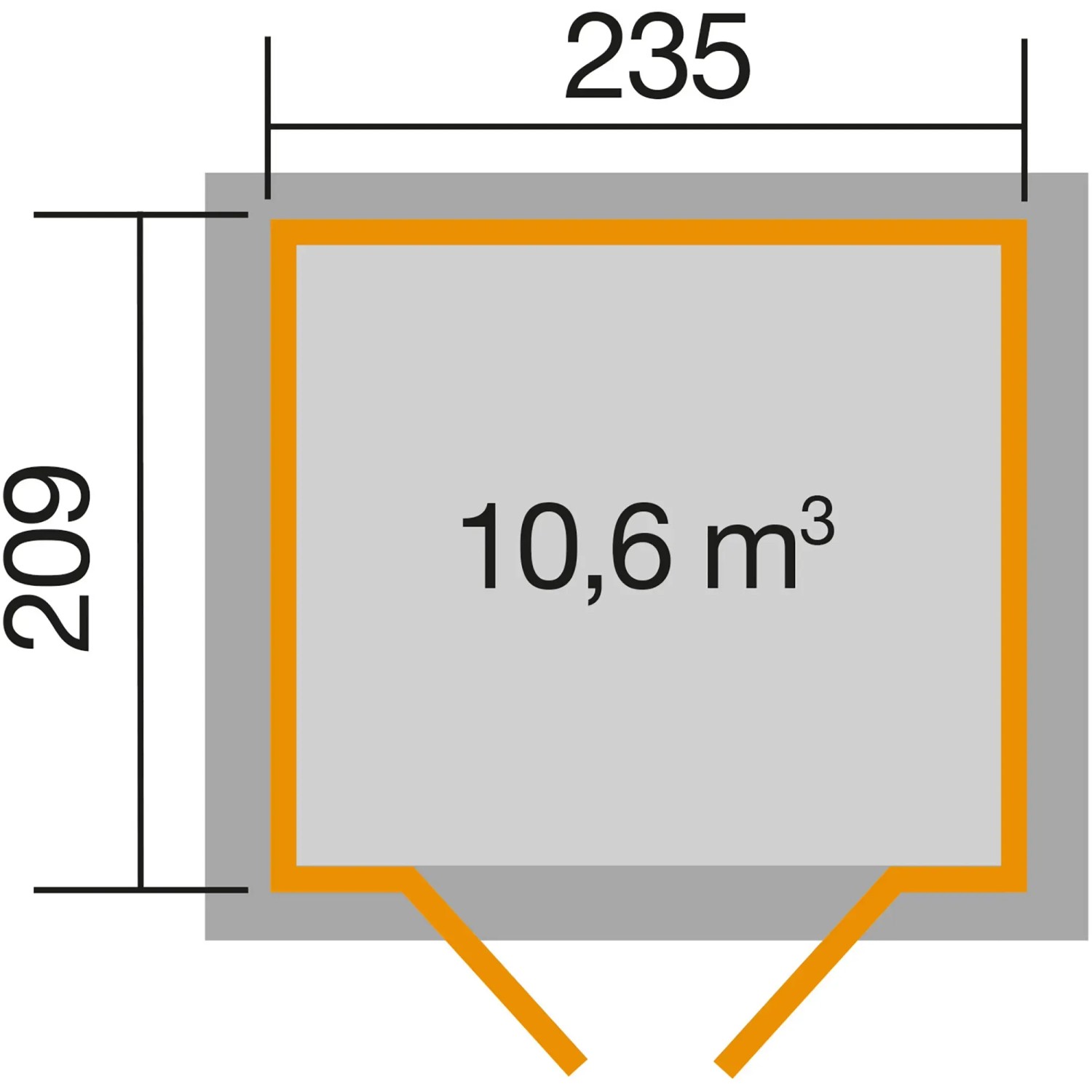 Grundriss Weka Gartenhaus 264 Pultdach lasiert: Maße 235x209 cm, Fläche 10,6 m³.