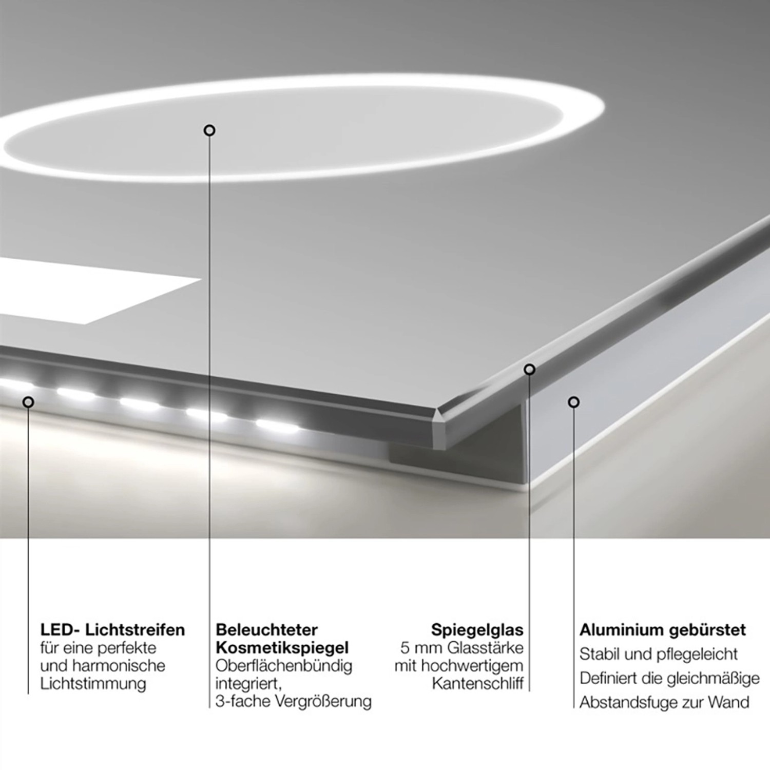 Detailansicht DSK Design LED-Lichtspiegel Silver Conde mit Kosmetikspiegel und Aluminiumrahmen.