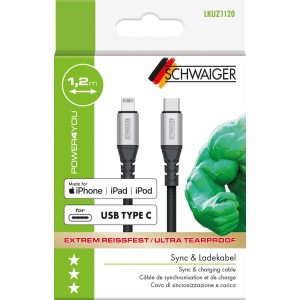 Schwaiger USB-C auf Lightning Kabel, 1,2m, zum Laden und Synchronisieren von Apple Geräten.