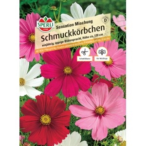 Samenpackung Sperli Schmuckkörbchen mit roten, pinken und weißen Blüten.