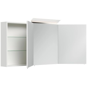 Posseik Spiegelschrank 140 cm, weiß hochglanz, mit LED-Lampe und Glasböden.