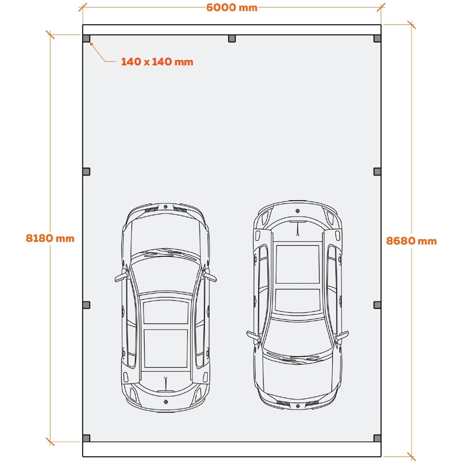 Draufsicht Holzbrüder Doppelcarport Ralf, imprägniert, 600x868cm, dunkelgraues Blechdach, mit Maßen.