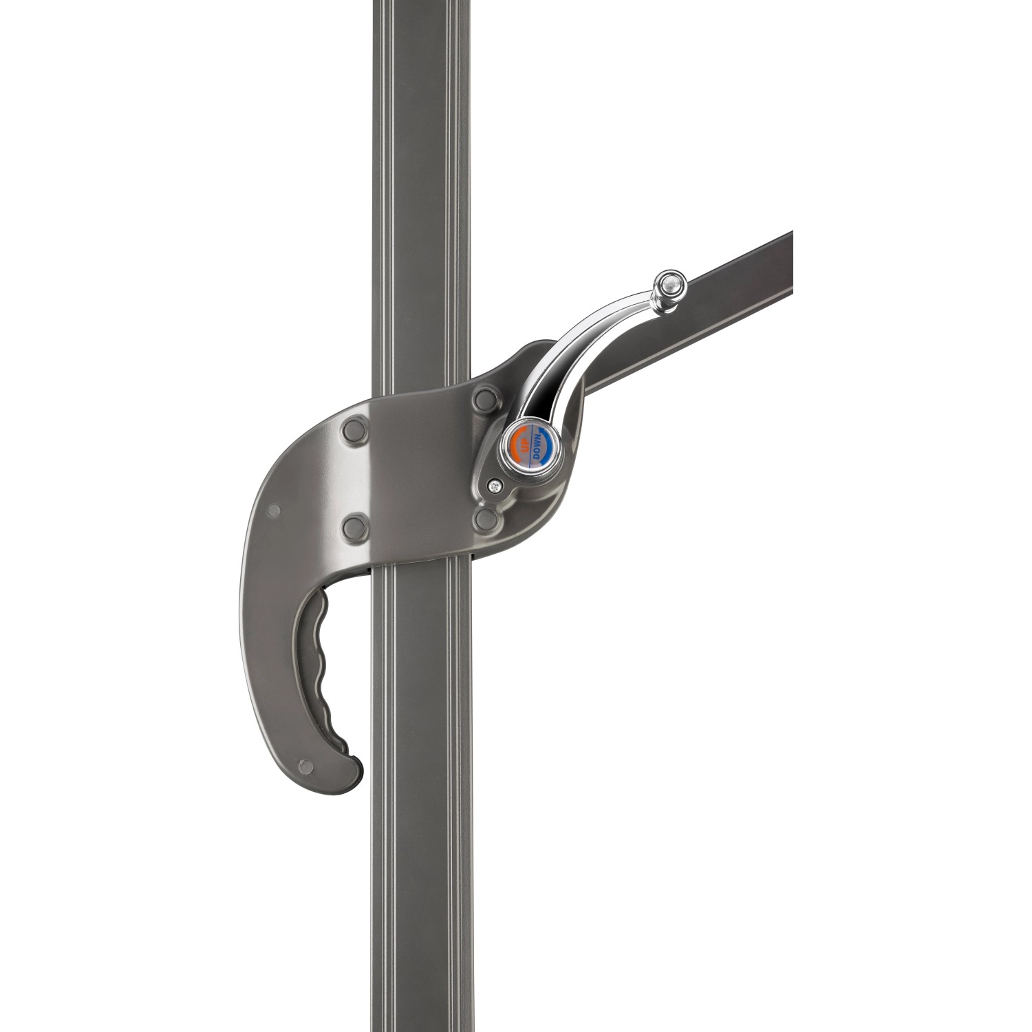 Detailaufnahme Kurbelmechanik des naturfarbenen Schneider Ampelschirm Rhodos Junior.