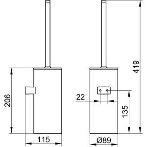 Technische Zeichnung Keuco WC-Bürstengarnitur Collection Moll, verchromt/weiß, mit Maßangaben.