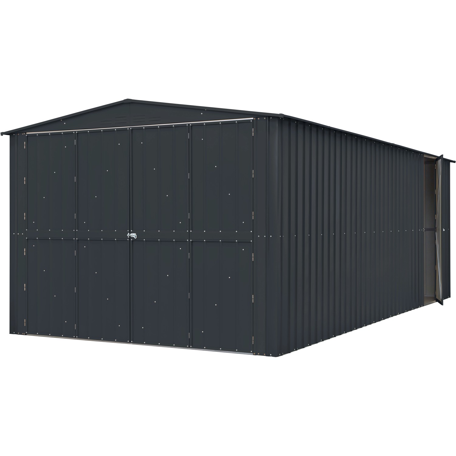 Globel Gerätehaus Parker 1015 in Anthrazit, großes Metall-Gartenhaus mit Doppeltür und Satteldach.