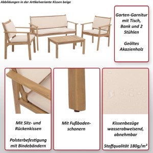 Gartenmöbel-Set: Tisch, Bank und zwei Stühle aus geöltem Akazienholz mit grauen Kissen.