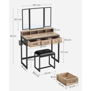Vasagle Schminktisch mit Hocker in Eichenbraun-Schwarz mit Spiegel, Schubladen und Fächern.