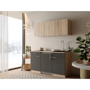 Respekta Ingrid Singleküche 150 cm: graue Fronten, helle Holzoptik, integrierter Kühlschrank, Kochfeld, Spüle.
