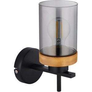 Wandlampe Finca: Schwarz matte Metall-Leuchte mit Rauchglas und Holz-Akzent, 23,5 cm hoch.