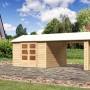 Karibu Holz-Gartenhaus Timra, naturbelassen mit Satteldach und Anbau, 300x300 cm.