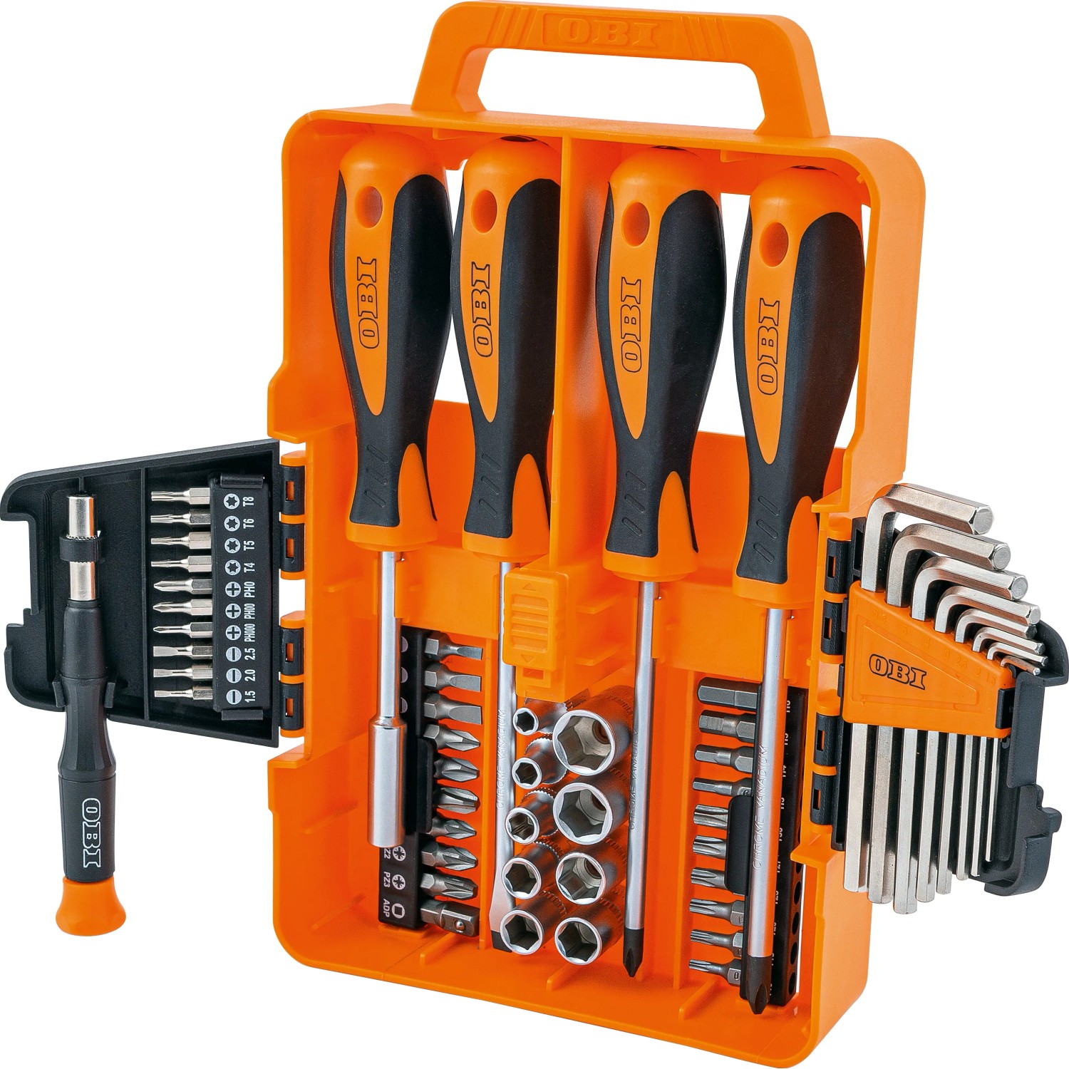 OBI Basic Schraubendreher- und Bits-Set, 52-teilig im orangefarbenen Kunststoffkoffer.