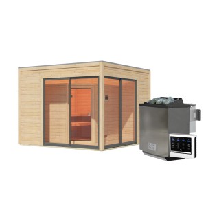 Karibu Saunahaus Cubulis 3, naturbelassen, mit Ofen und externer Steuerung.