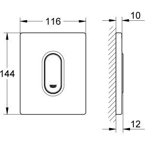 Grohe Arena Cosmopolitan Urinal-Drückerplatte in Chrom, Schema mit Maßen.
