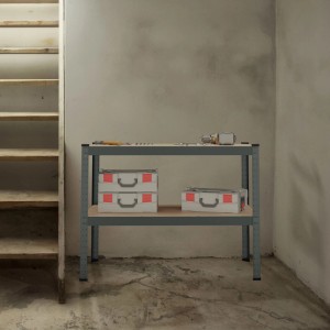 Relaxdays Werkbank Stahl MDF Anthrazit Natur 2 Ebenen 90 cm x 120 cm x 60 cm