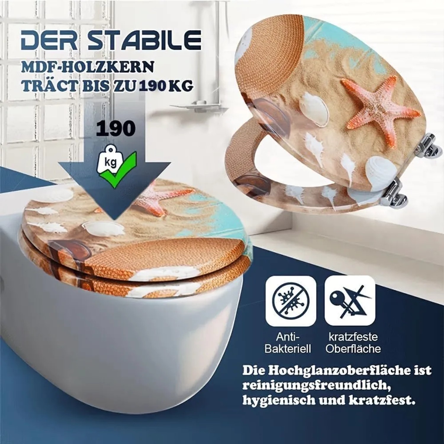 Sinobath WC-Sitz Oval mit Strand-Design, Absenkautomatik. Robuster MDF-Kern, kratzfeste Oberfläche, bis 190 kg belastbar.