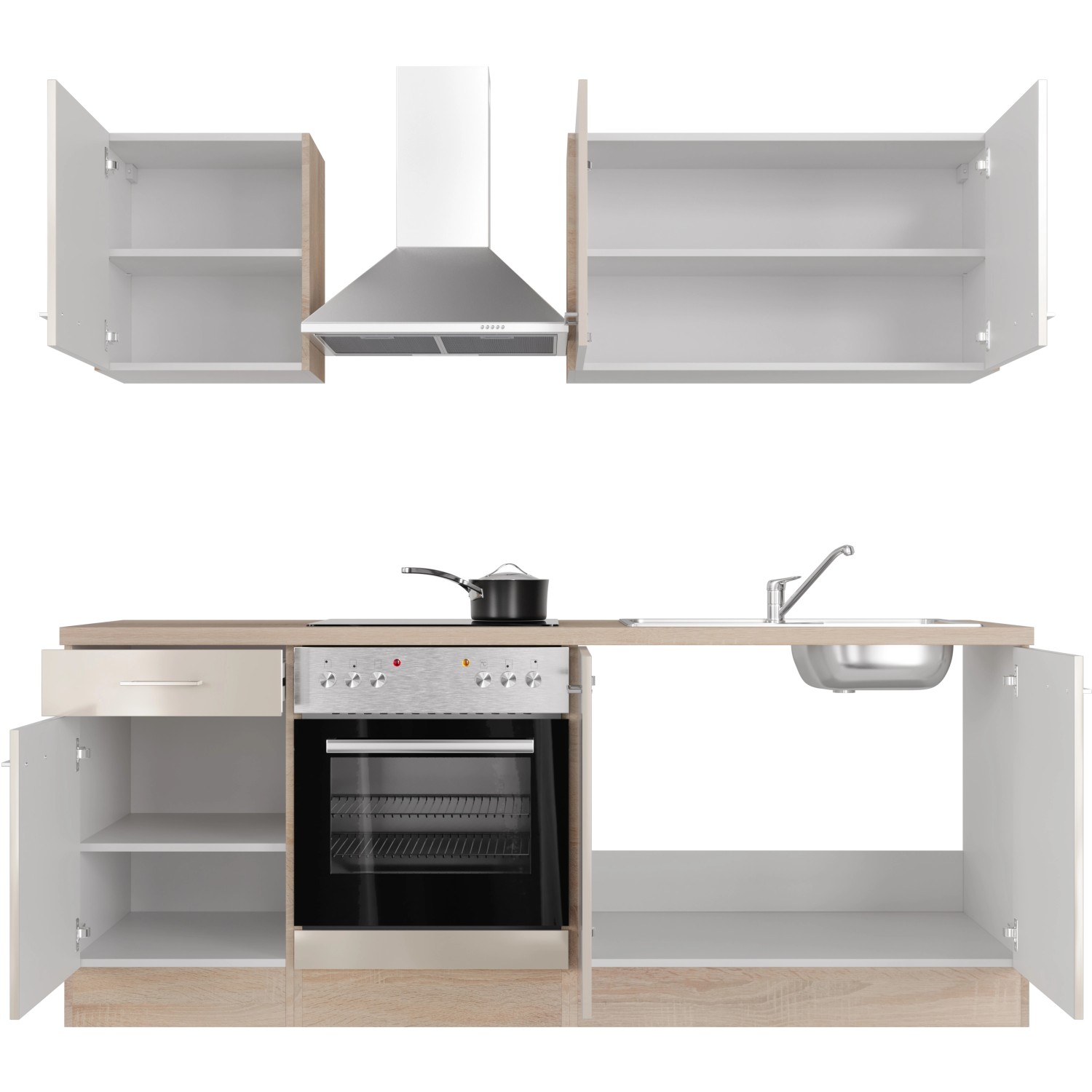 Flex-Well Küchenzeile Orlando in Kaschmir Glanz/Sonoma Eiche mit E-Geräten und Spüle.