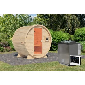 Karibu Fasssauna-Set aus naturbelassenem Holz mit Ofen und Steuerung für entspannte Sauna-Momente.