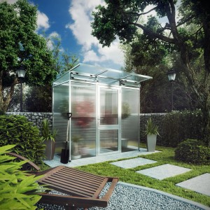 KGT Gewächshaus Linea Alu blank 2,56 m² im Garten mit Pflanzen und Gartengeräten.