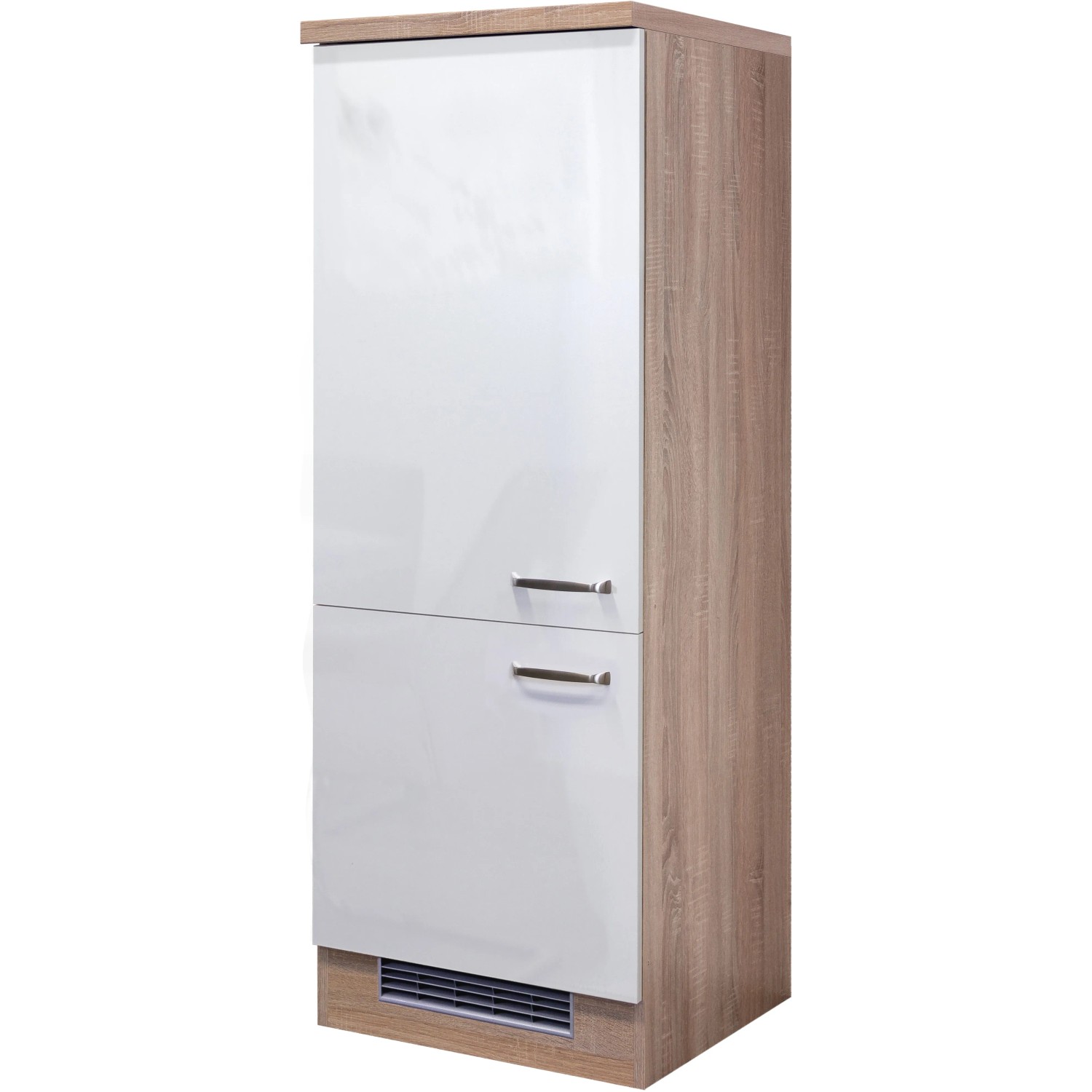Flex-Well Kühlschrank-Umbau Valero mit PKM Kühlschrank, weiß hochglanz/Sonoma Eiche Nachbildung.