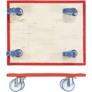 Wagner Transporthilfe mit rotem Rand, Holzplatte und blauen Rollen, Tragkraft 400 kg.