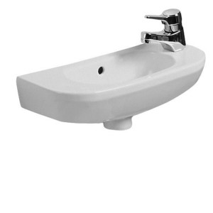 Laufen Handwaschbecken Objekt, 50 cm, rund, weiß mit Armatur.