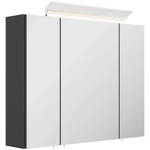 Grafitfarbener Posseik Spiegelschrank 80 cm mit 3 Spiegeltüren und integrierter LED-Designlampe oben.