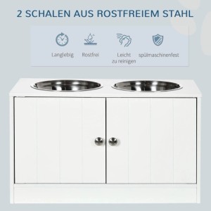 Weiße PawHut Futterstation mit 2 erhöhten Edelstahlnäpfen und Schrankfach für Hunde.