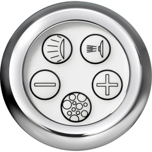 Detailaufnahme der Bedienelemente des Whirlpool-Komplettsystems mit Chromrand und Funktionssymbolen.