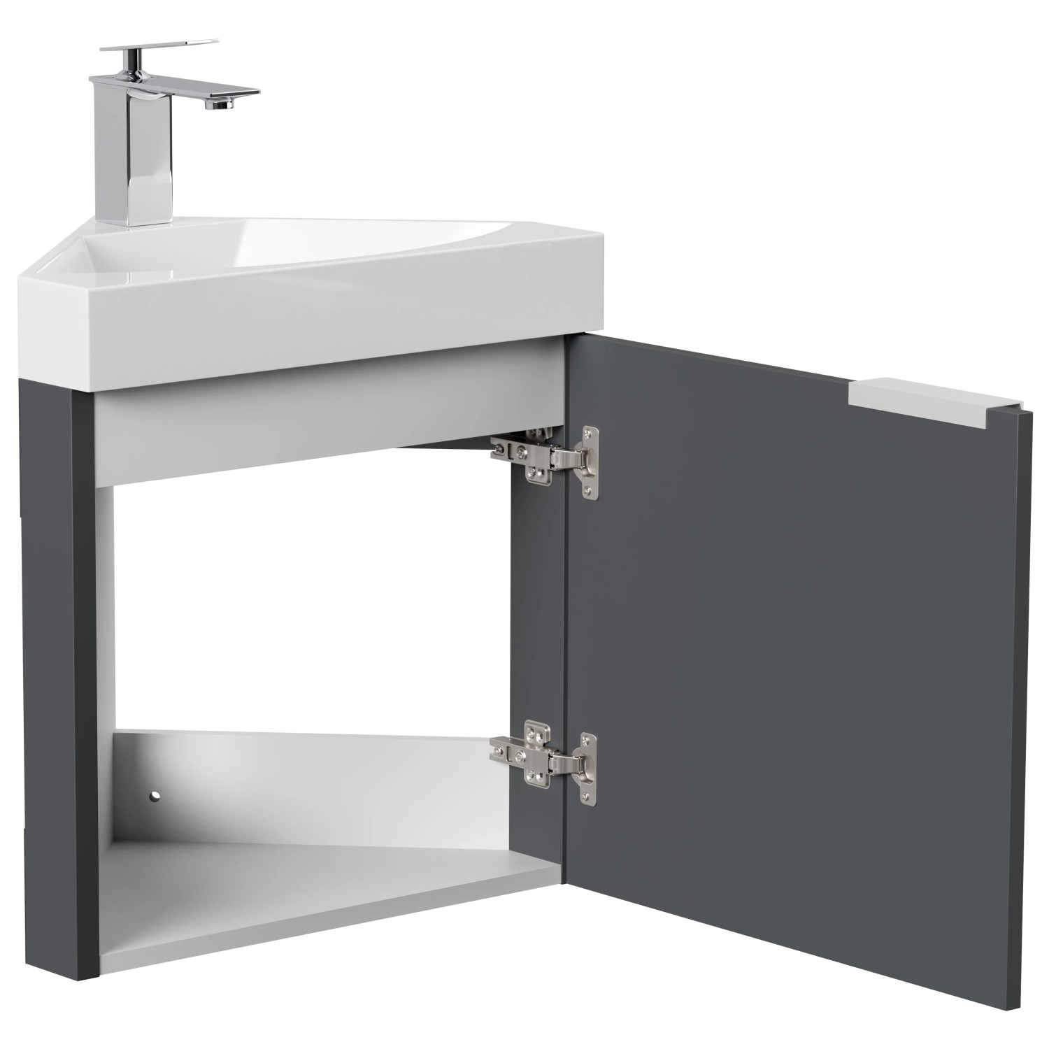 Posseik Eckbadmöbel Delta Slimline, Grafit, mit offenem Schrank und Waschbecken.