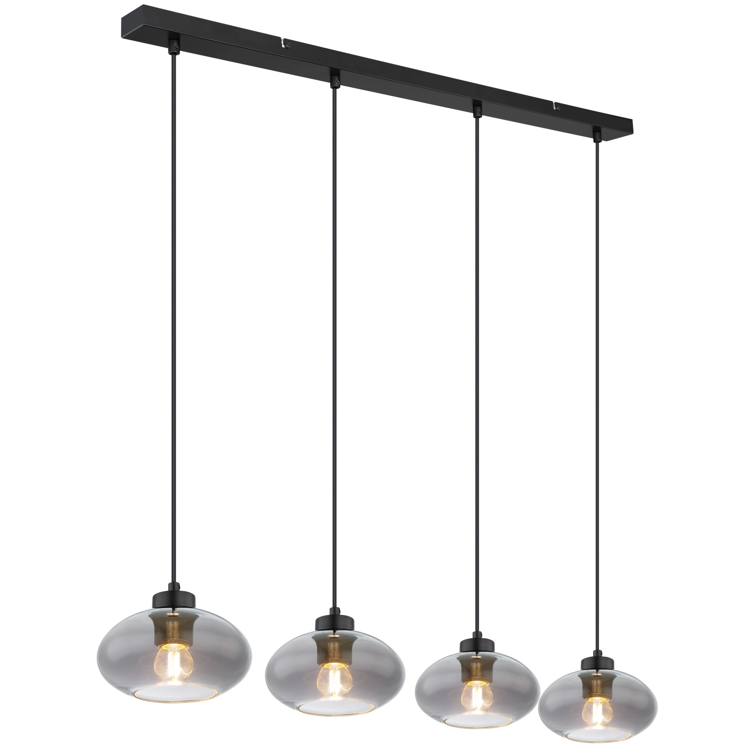 Globo Pendelleuchte Shaun, 4-flammig, schwarz matt mit Rauchglas-Schirmen.