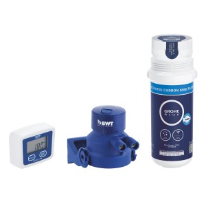 Grohe Blue Starter-Set mit Aktivkohlefilter, Filterkopf und Zeitzähler für sauberes Trinkwasser.