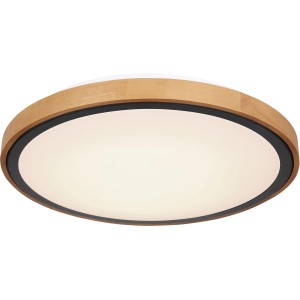 Runde LED-Deckenleuchte Bruno mit Holzrahmen und schwarzem Rand.